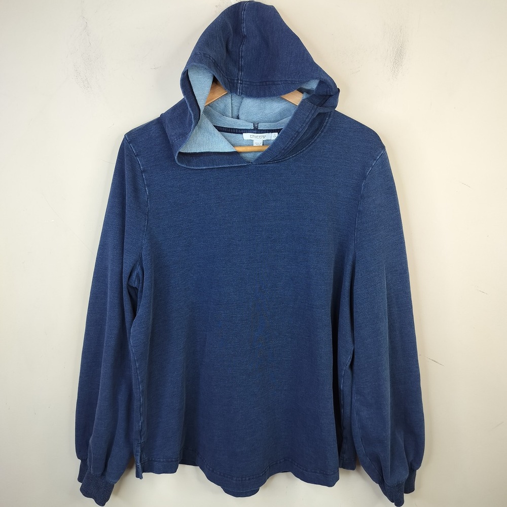 Chico's Pullover Hoodie Sweatshirt 2 / Large Cotton Casual Indigo Blue Stretch